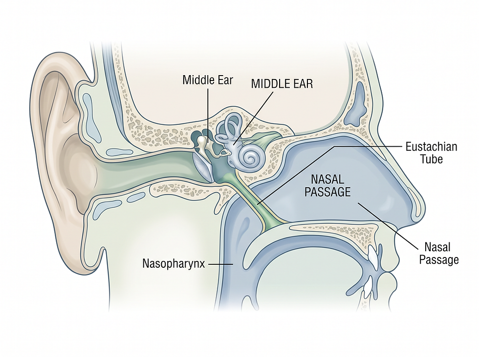 Anatomical illustration showing the eustachian tube connection between the middle ear and the nasal passage, highlighting the area targeted by balloon dilation