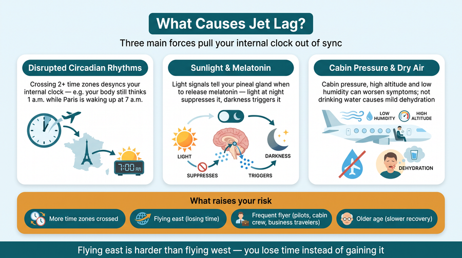 Causes and risk factors of jet lag — circadian rhythm disruption, sunlight, and cabin pressure