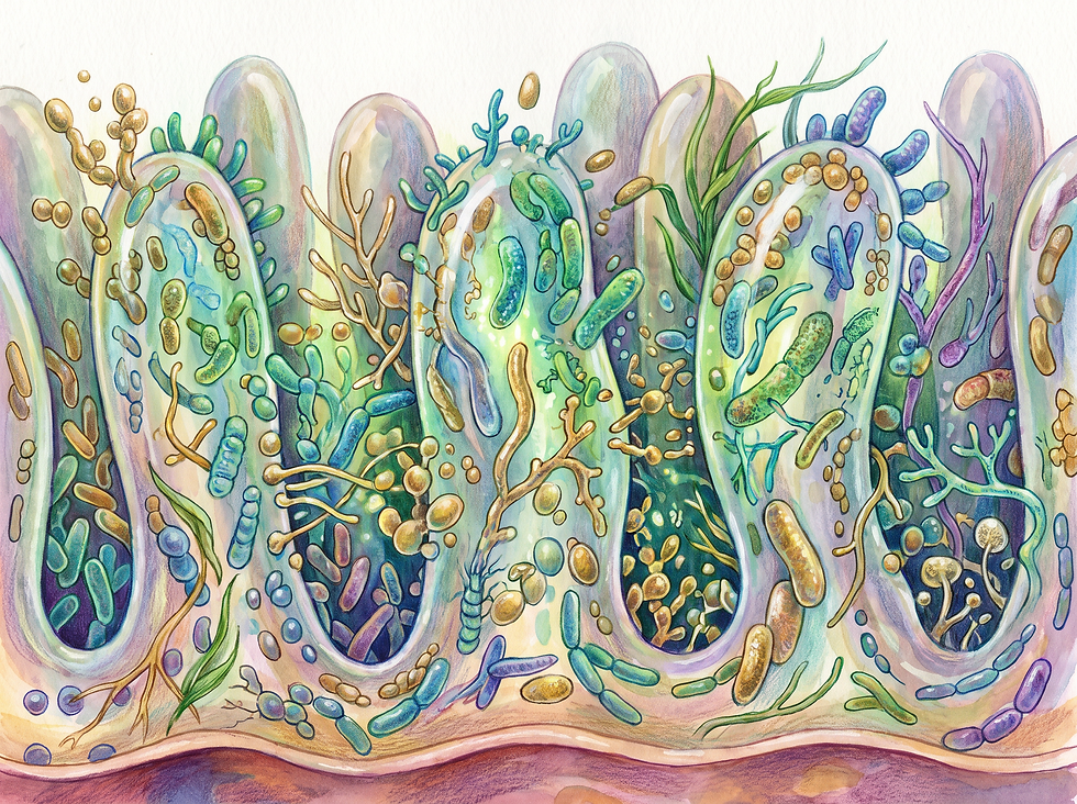 A vibrant medical illustration showing a diverse and balanced gut microbiome ecosystem flourishing within the intestinal tract.