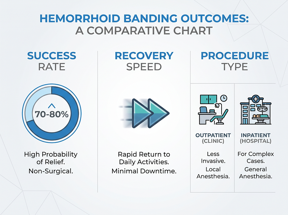 Hemorrhoid banding outcomes chart showing a 70 to 80 percent success rate, rapid recovery, and outpatient versus inpatient procedure types