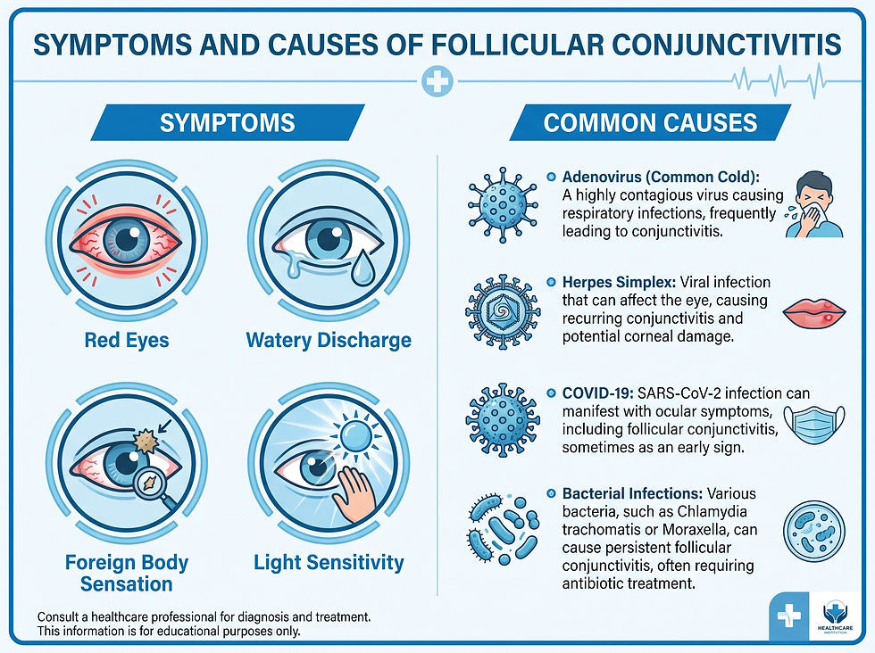 Symptoms and causes of follicular conjunctivitis: red eyes, watery discharge, foreign body sensation, light sensitivity, and common viral and bacterial causes