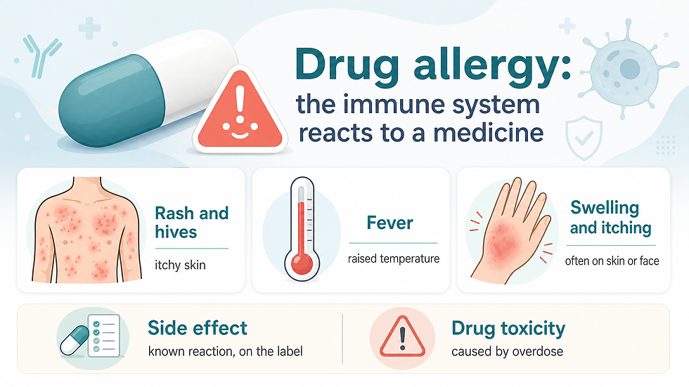 Infographic defining drug allergy as an immune reaction to a medicine, with three symptom cards: rash and hives (itchy skin), fever (raised temperature), and swelling and itching (often on skin or face), plus a comparison strip distinguishing side effects and drug toxicity.