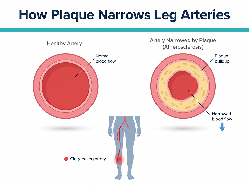 Cross-section diagram comparing a healthy artery with normal blood flow to an artery narrowed by plaque buildup (atherosclerosis), with a leg figure showing a clogged leg artery.