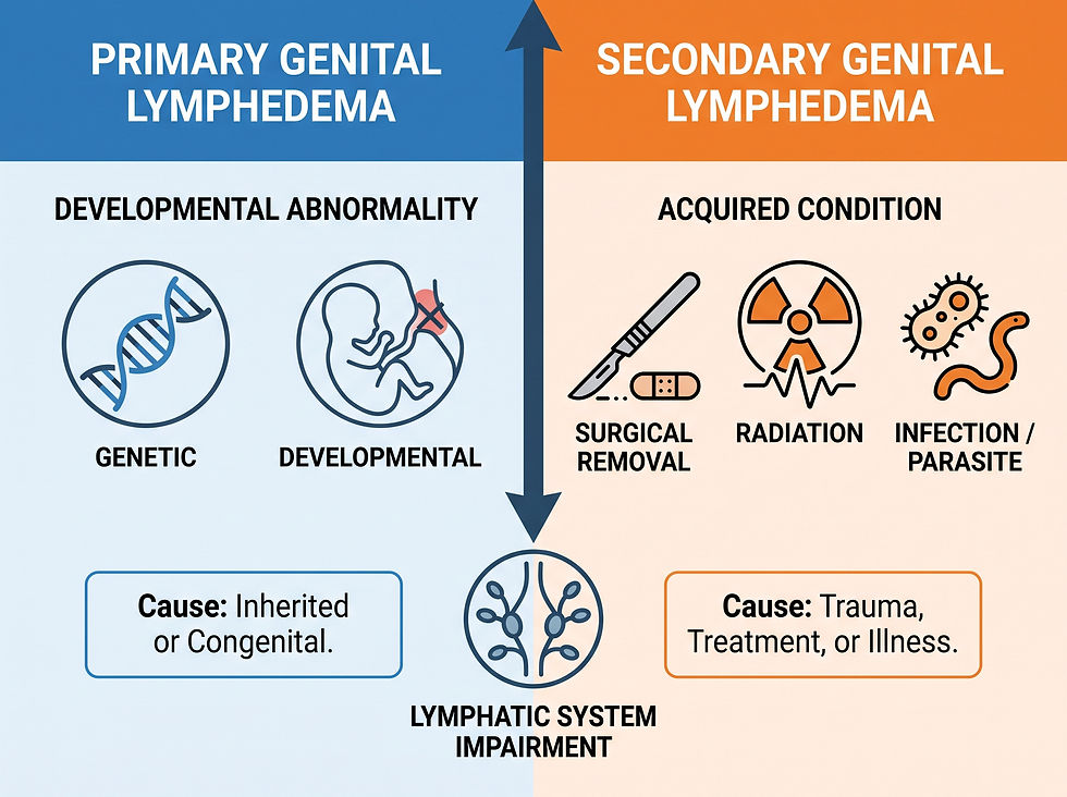 Primary versus secondary genital lymphedema causes: developmental abnormality versus acquired damage from surgery, radiation, or infection.