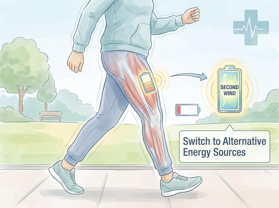 A medical illustration showing a person experiencing initial muscle fatigue followed by a "second wind" during light exercise, with a conceptual overlay of muscle energy usage.