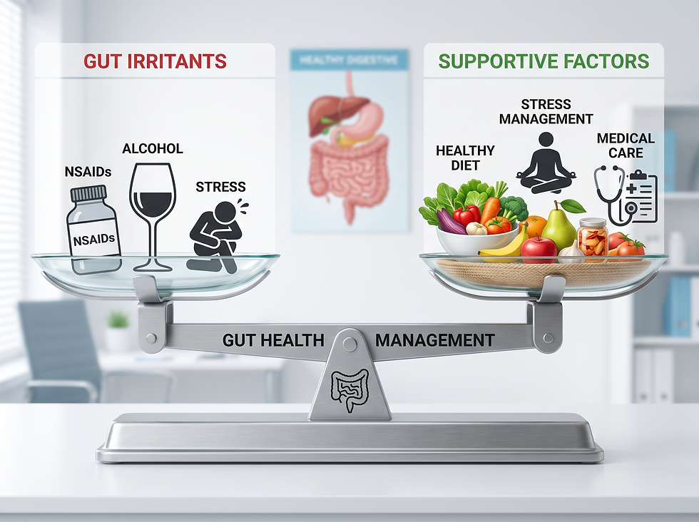 Management of gut health: balancing irritants like NSAIDs and stress against supportive factors like a healthy diet and medical care.