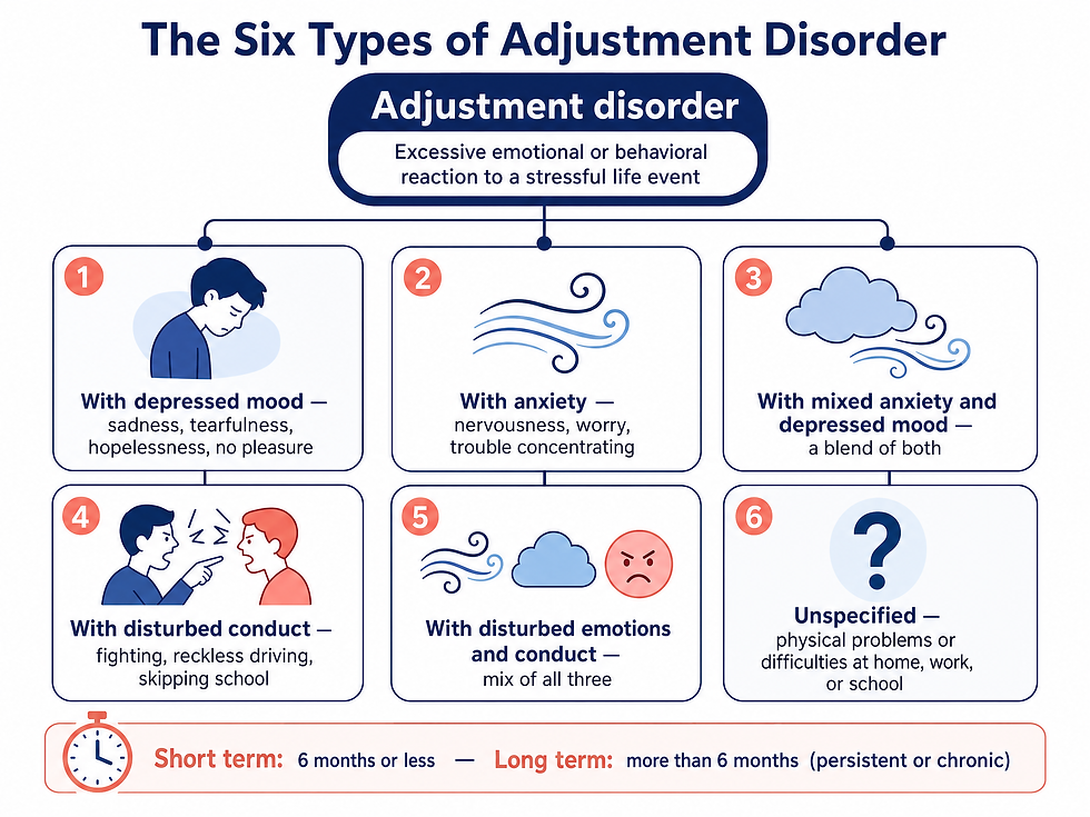 Diagram showing the six types of adjustment disorder
