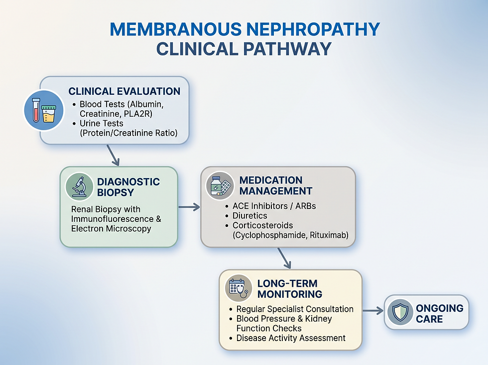 Membranous nephropathy clinical pathway: clinical evaluation with blood and urine tests, diagnostic kidney biopsy, medication management with ACE inhibitors or ARBs, diuretics and immunosuppressants, long-term monitoring, and ongoing care.