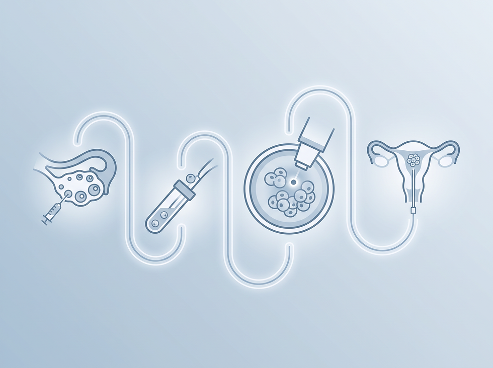 Symbolic timeline of the IVF cycle from ovarian stimulation and egg retrieval through lab fertilization to embryo transfer into the uterus