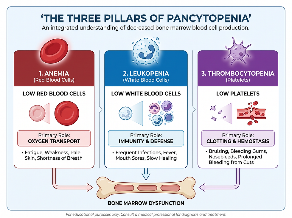 Infographic explaining the three components of pancytopenia: anemia, leukopenia, and thrombocytopenia.