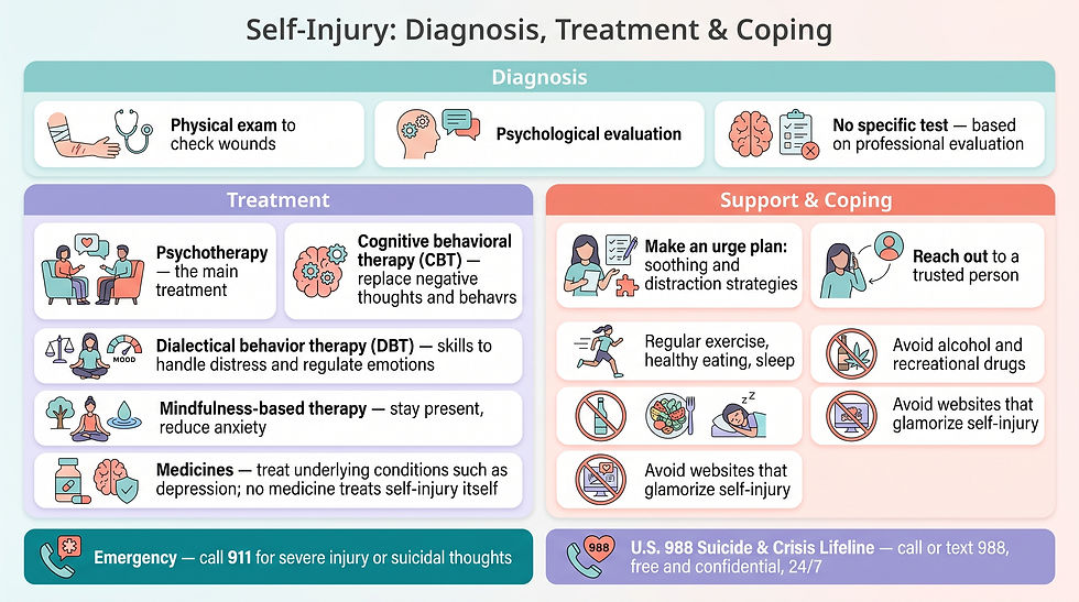 Infographic titled "Self-Injury: Diagnosis, Treatment & Coping" in three bands. The diagnosis band shows three cards: a physical exam to check wounds, a psychological evaluation, and the note that there is no specific test — diagnosis is based on professional evaluation. The treatment column lists psychotherapy as the main treatment, cognitive behavioral therapy (CBT) to replace negative thoughts and behaviors, dialectical behavior therapy (DBT) with skills to handle distress and regulate emotions, mindfulness-based therapy to stay present and reduce anxiety, and medicines that treat underlying conditions such as depression since no medicine treats self-injury itself. The support and coping column lists making an urge plan with soothing and distraction strategies, reaching out to a trusted person, regular exercise with healthy eating and sleep, avoiding alcohol and recreational drugs, and avoiding websites that glamorize self-injury. Bottom banners show the emergency guidance to call 911 for severe injury or suicidal thoughts and the U.S. 988 Suicide & Crisis Lifeline, reachable by call or text at 988, free and confidential, 24/7.