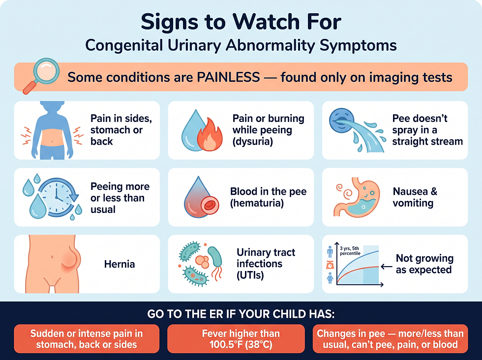 Checklist of congenital urinary abnormality symptoms to watch for, with ER warning signs for children