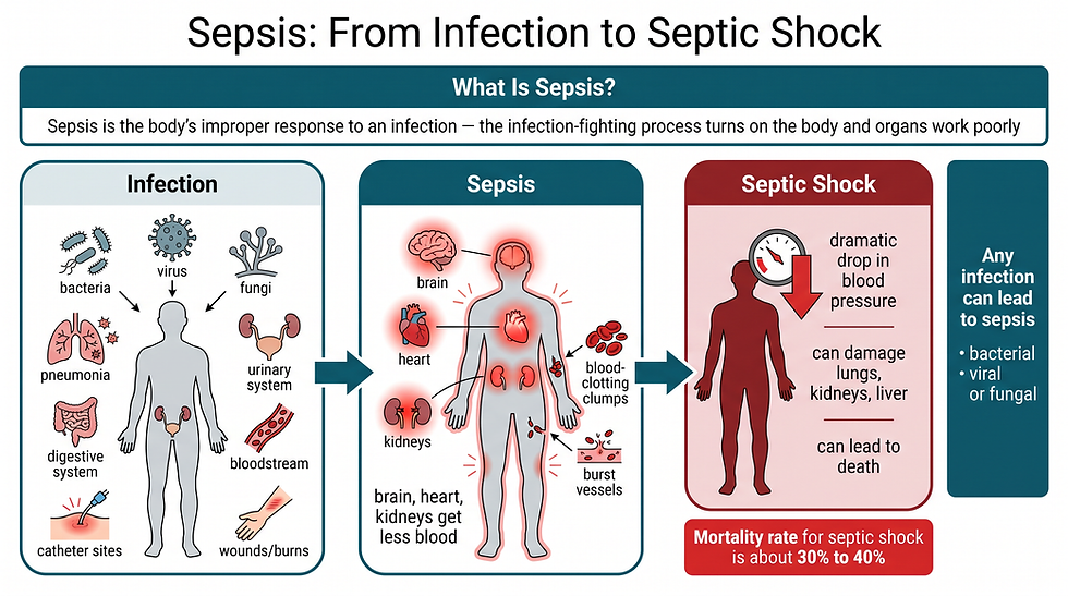 Infographic titled "Sepsis: From Infection to Septic Shock." A top banner defines sepsis as the body's improper response to an infection, where the infection-fighting process turns on the body and organs work poorly. A left-to-right flow shows three stages: Infection, with bacteria, viruses, and fungi entering through the lungs (pneumonia), urinary system, digestive system, bloodstream, catheter sites, and wounds or burns; Sepsis, with a body diagram showing the brain, heart, and kidneys receiving less blood alongside blood-clotting clumps and burst blood vessels; and Septic Shock, showing a dramatic drop in blood pressure that can damage the lungs, kidneys, and liver and can lead to death. A red banner notes the mortality rate for septic shock is about 30% to 40%, and a side strip notes any infection — bacterial, viral, or fungal — can lead to sepsis.