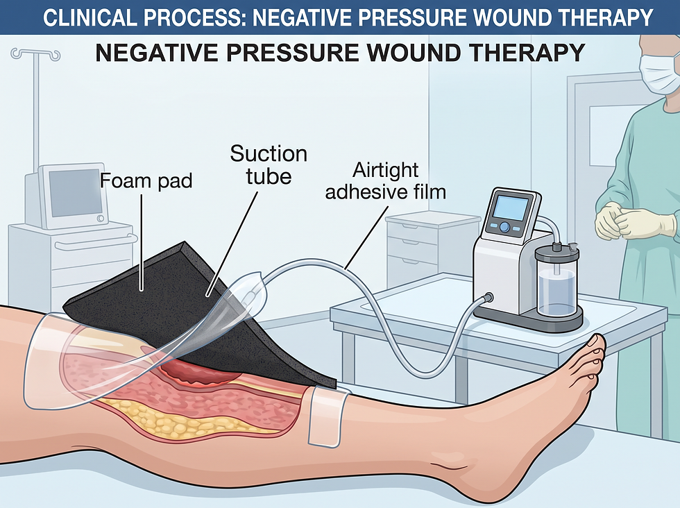 Negative pressure wound therapy setup showing foam pad, suction tube, airtight film, and pump on a leg wound