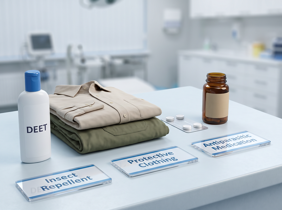 Loiasis prevention essentials: DEET insect repellent, protective clothing, and antiparasitic medication
