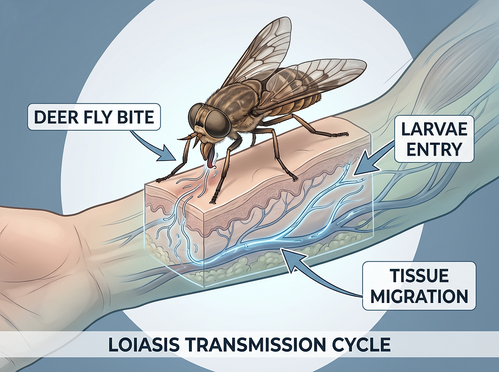 Illustration of the loiasis transmission cycle: a deer fly bite, larvae entering the skin, and migration through tissue