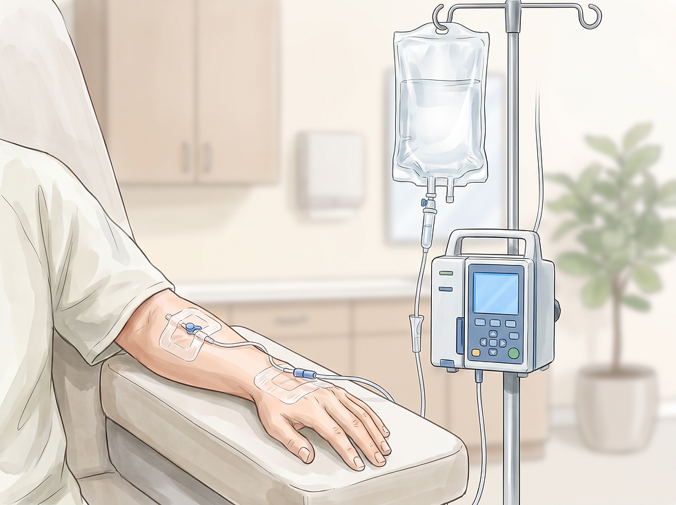 A professional medical illustration of a clinical setting depicting a patient receiving IV fluids via an infusion pump.