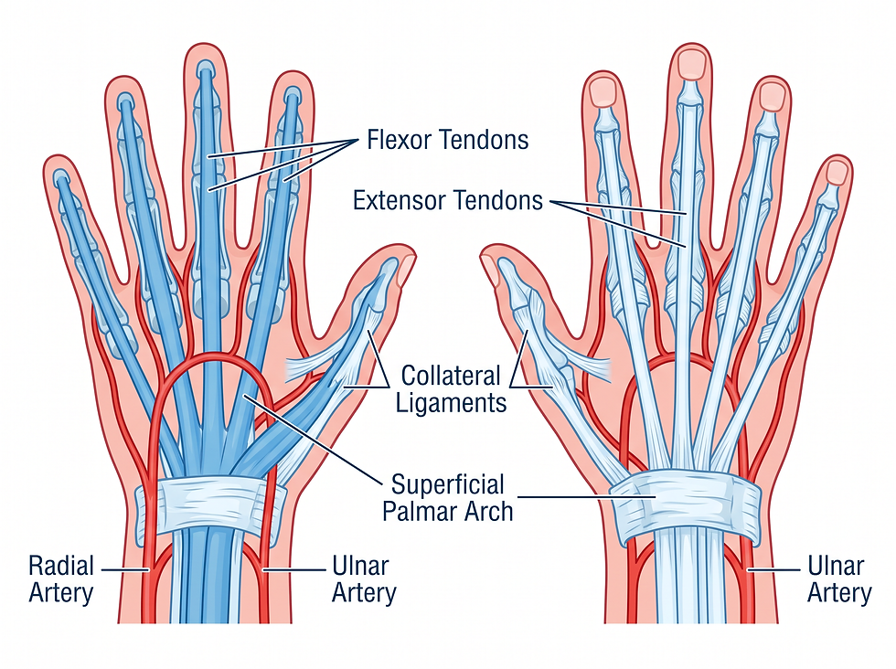 An infographic showing the network of tendons, ligaments, and the arterial arches that support hand function.