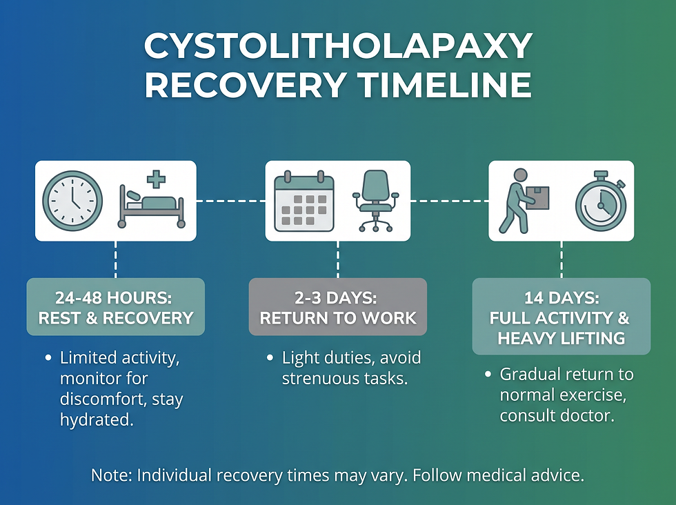 Cystolitholapaxy recovery timeline: rest at 24 to 48 hours, return to work at 2 to 3 days, full activity at 14 days