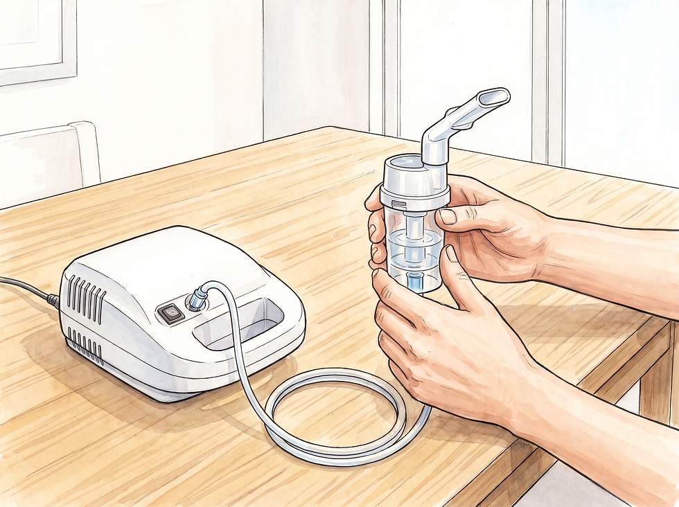 Illustration of the correct setup of a home jet nebulizer on a sturdy surface, including the compressor, tubing, and medicine cup