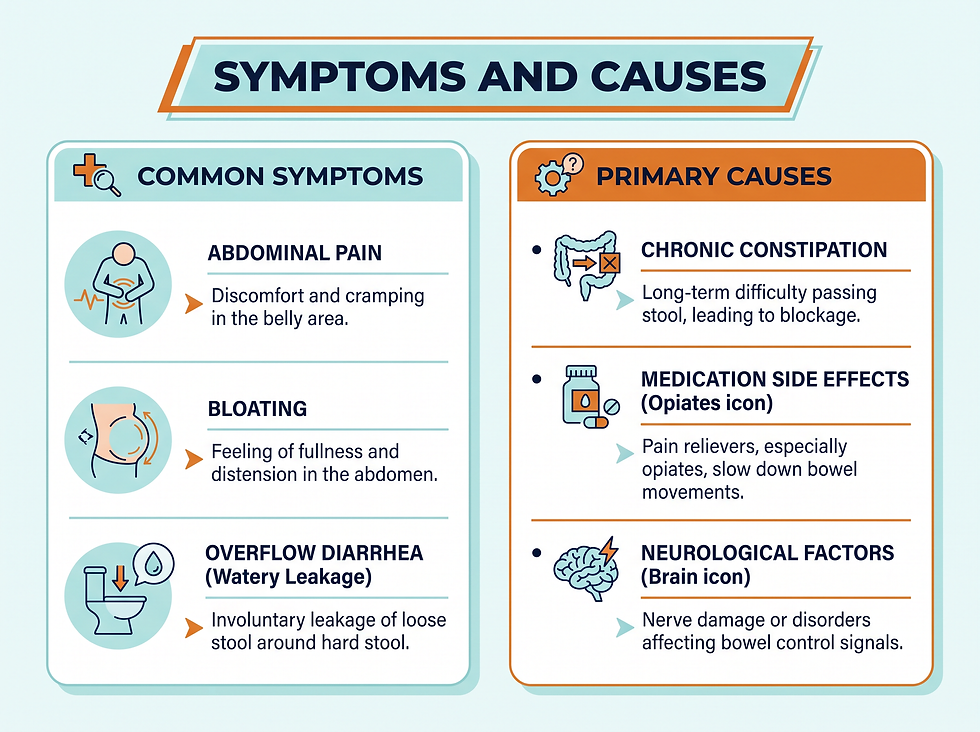 Fecal Impaction symptoms and causes — abdominal pain, overflow diarrhea, medication risks, and neurological factors