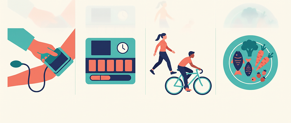 Four panels showing hypertensive heart disease care: a blood pressure reading with an arm cuff, a pill organizer with a clock, walking and cycling for exercise, and a heart-healthy plate with fish, broccoli, carrots and berries