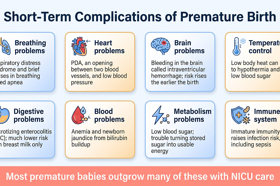 Infographic titled "Short-Term Complications of Premature Birth" with eight icon cards: breathing problems, heart problems, brain problems, temperature control, digestive problems, blood problems, metabolism problems, and immune system problems.
