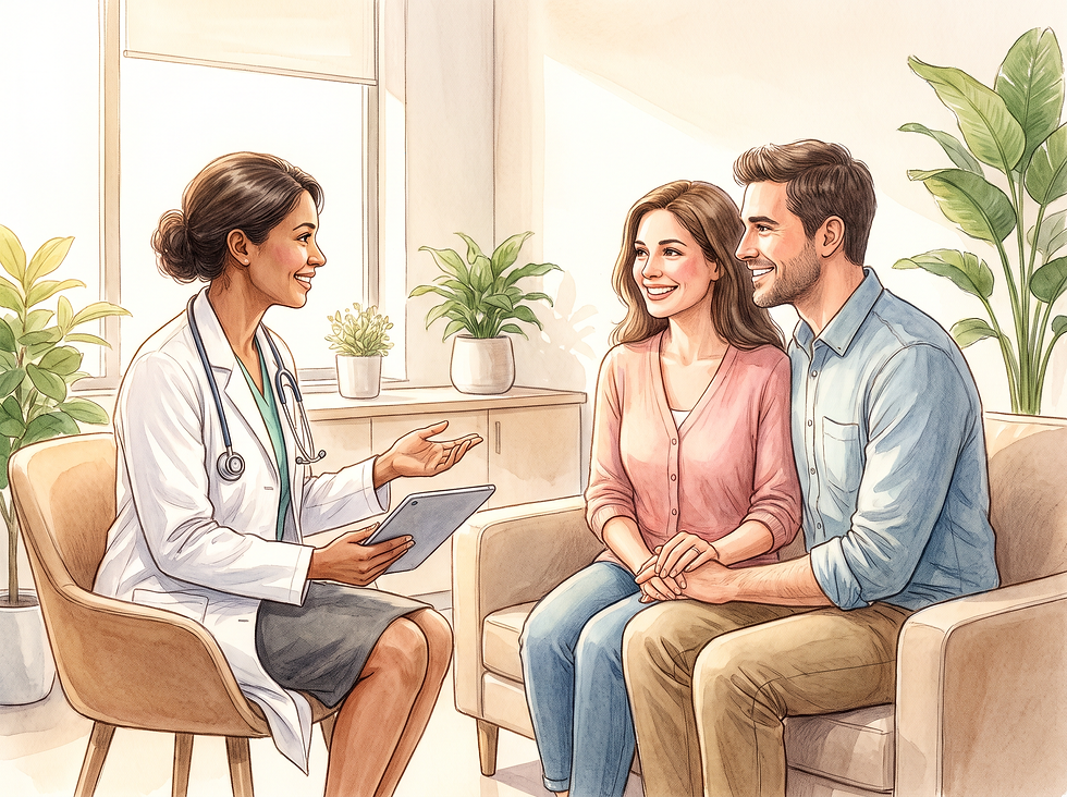Fertility specialist holding a tablet and speaking with a smiling couple in a bright consultation room