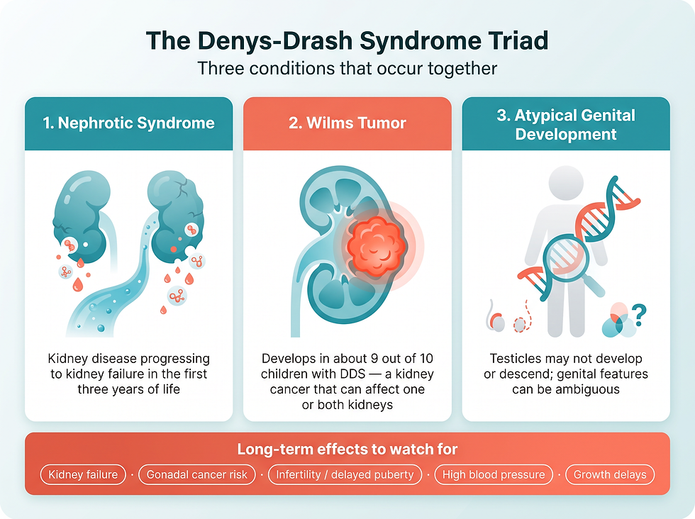 The Denys-Drash syndrome classic triad: nephrotic syndrome, Wilms tumor risk, and atypical genital development
