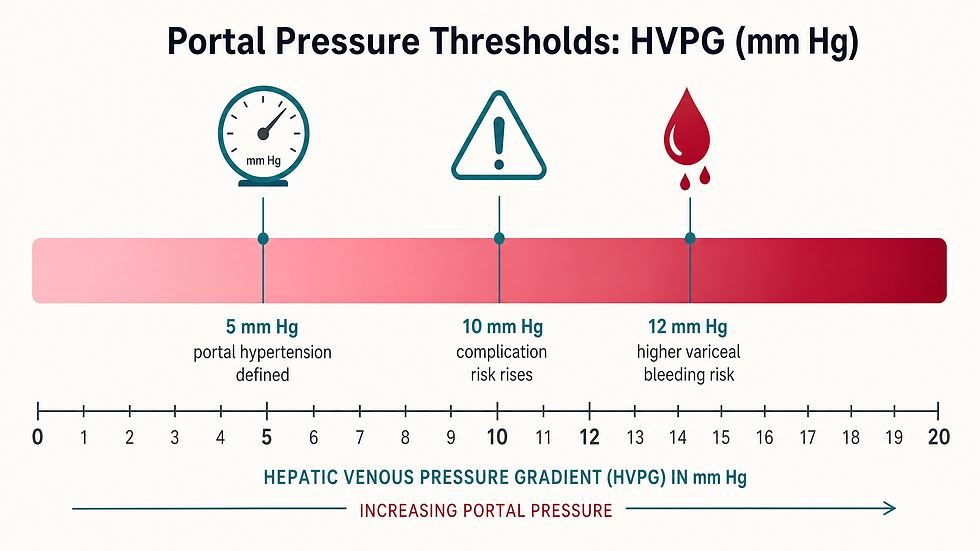 Horizontal infographic scale of the hepatic venous pressure gradient (HVPG) from 0 to 20 mm Hg, marking three key thresholds: 5 mm Hg where portal hypertension is defined, 10 mm Hg where complication risk rises, and 12 mm Hg where the risk of variceal bleeding becomes higher.