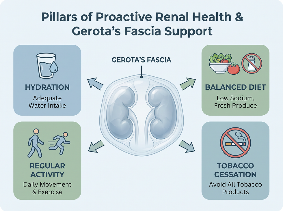 Pillars of proactive renal health: hydration, balanced low-sodium diet, regular activity, and tobacco cessation.