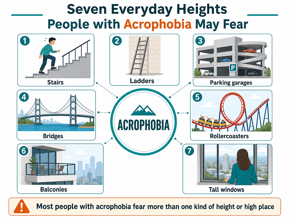 Infographic showing seven everyday heights people with acrophobia may fear: stairs, ladders, multi-level parking garages, bridges, rollercoasters, balconies, and tall building windows, arranged around a central acrophobia badge. A banner notes that most people with acrophobia fear more than one kind of height or high place.