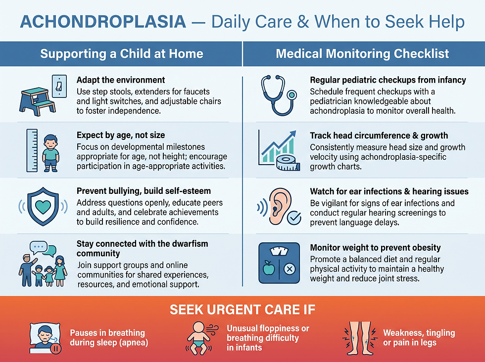 Achondroplasia daily care, medical monitoring checklist, and when to seek urgent help