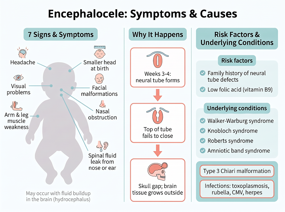 Encephalocele symptoms and causes — from neural tube closure failure to genetic and infectious factors