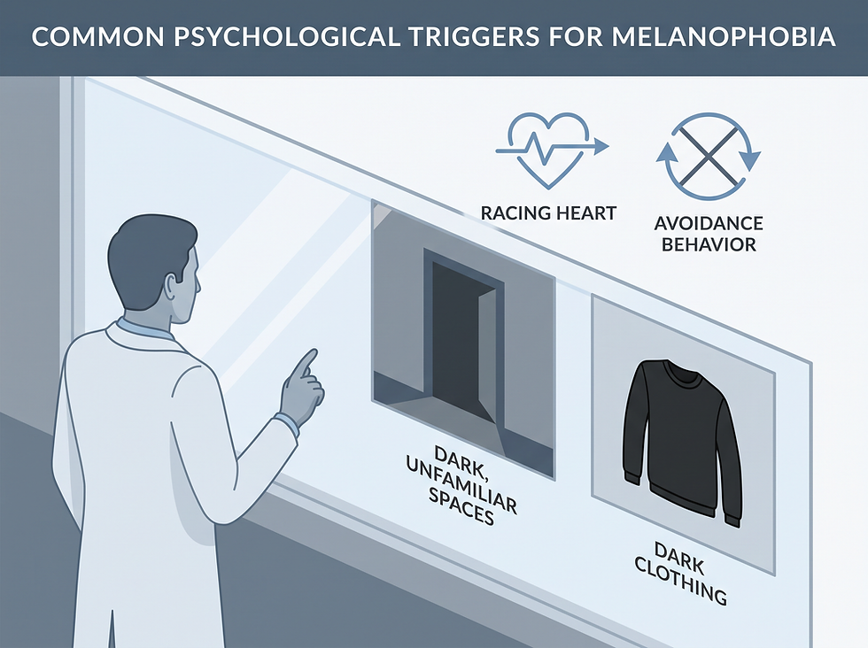 A professional medical illustration showing common psychological triggers for melanophobia, such as dark environments and symbolic items, with icons representing anxiety and avoidance behaviors.