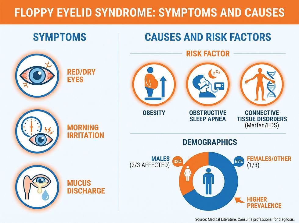 Symptoms and causes of Floppy Eyelid Syndrome — red dry eyes, morning irritation, mucus discharge, and risk factors