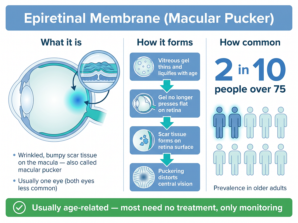 Infographic explaining epiretinal membrane (macular pucker): a thin layer of scar tissue on the macula that distorts central vision