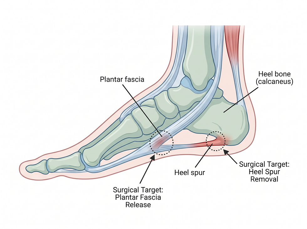 Clinical diagram showing the relationship between the plantar fascia, heel bone, and surgical sites.