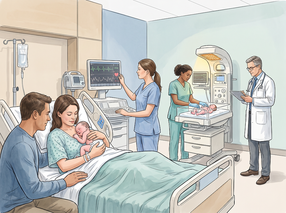Clinical monitoring of parent and newborn after assisted delivery