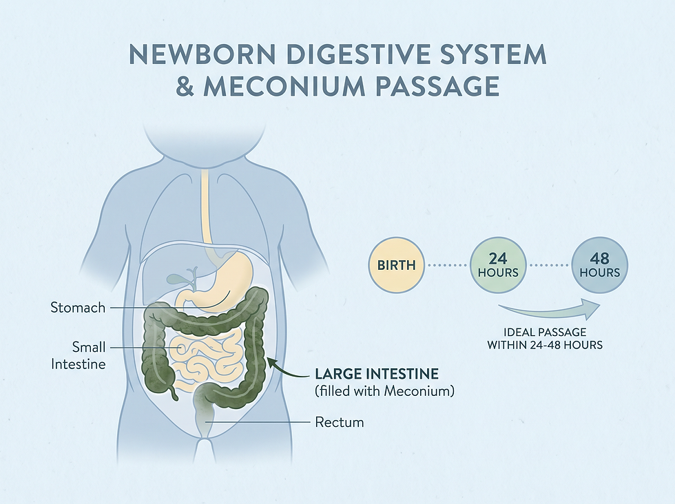 Figure 1: An overview of the newborn's first digestive milestones and the role of meconium in signaling intestinal health.