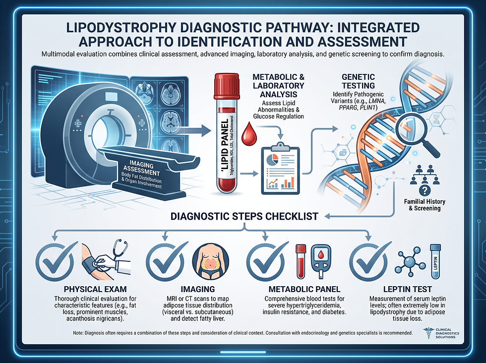 Lipodystrophy diagnostic pathway: physical exam, imaging, metabolic panel and leptin test