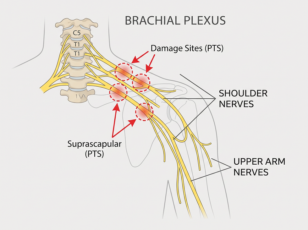 A professional medical diagram illustrating the brachial plexus nerve network, showing the areas typically affected by Parsonage-Turner syndrome, including the shoulder and upper arm nerves.