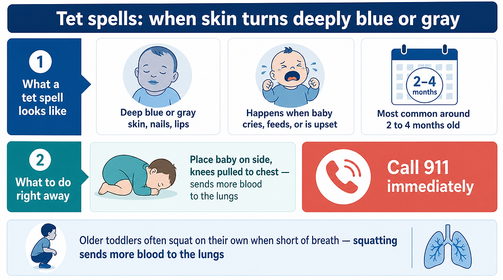 Infographic on tet spells showing what they look like — deep blue or gray skin, nails, and lips, most common around 2 to 4 months old — and the emergency steps: place the baby on the side with knees pulled to the chest and call 911, plus a note that older toddlers often squat to send more blood to the lungs.