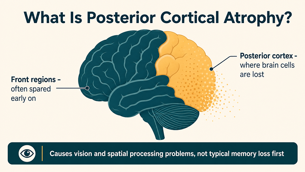 Side view of a brain with the back region (posterior cortex) highlighted in amber where brain cells are lost, while the front regions are often spared early on, with a note that the condition causes vision and spatial processing problems rather than typical memory loss first