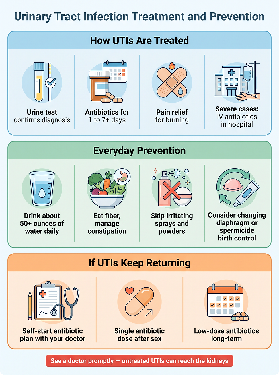A treatment and prevention infographic for urinary tract infections — how UTIs are treated, everyday prevention, and strategies for when UTIs keep returning