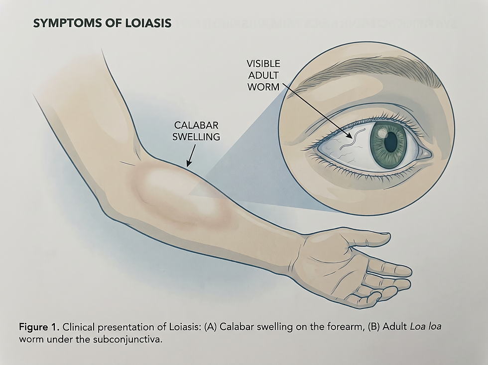 Illustration of loiasis symptoms showing a Calabar swelling on the forearm and an adult Loa loa worm under the surface of the eye