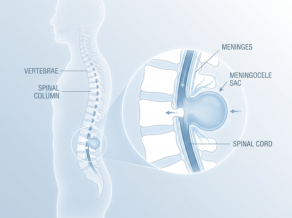 Medical illustration showing the spinal column with a meningocele sac, highlighting the protruding meninges while the spinal cord remains in place.