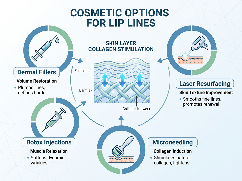 Cosmetic treatment options for lip lines including fillers, Botox, laser resurfacing and microneedling