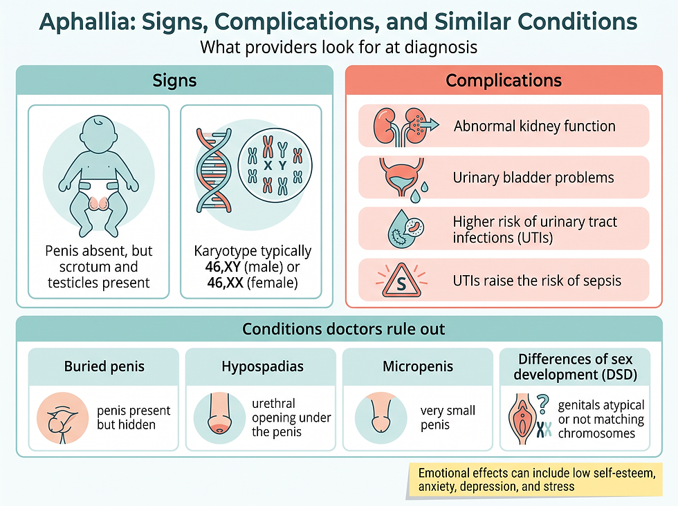 Signs and complications of aphallia, plus the conditions doctors rule out, including buried penis, hypospadias, micropenis, and differences of sex development