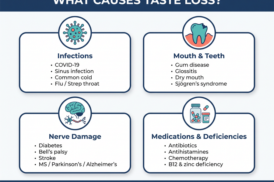 Four cause categories of ageusia: infections, mouth and teeth conditions, nerve damage, and medications, with examples